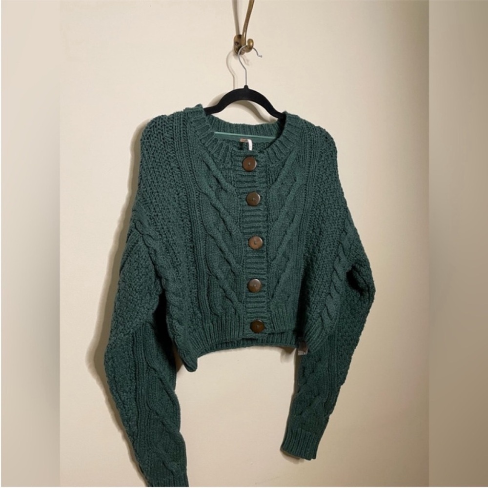 FREE PEOPLE Bonfire Cable Knit Cardigan in Black Forest - Picture 6 of 7